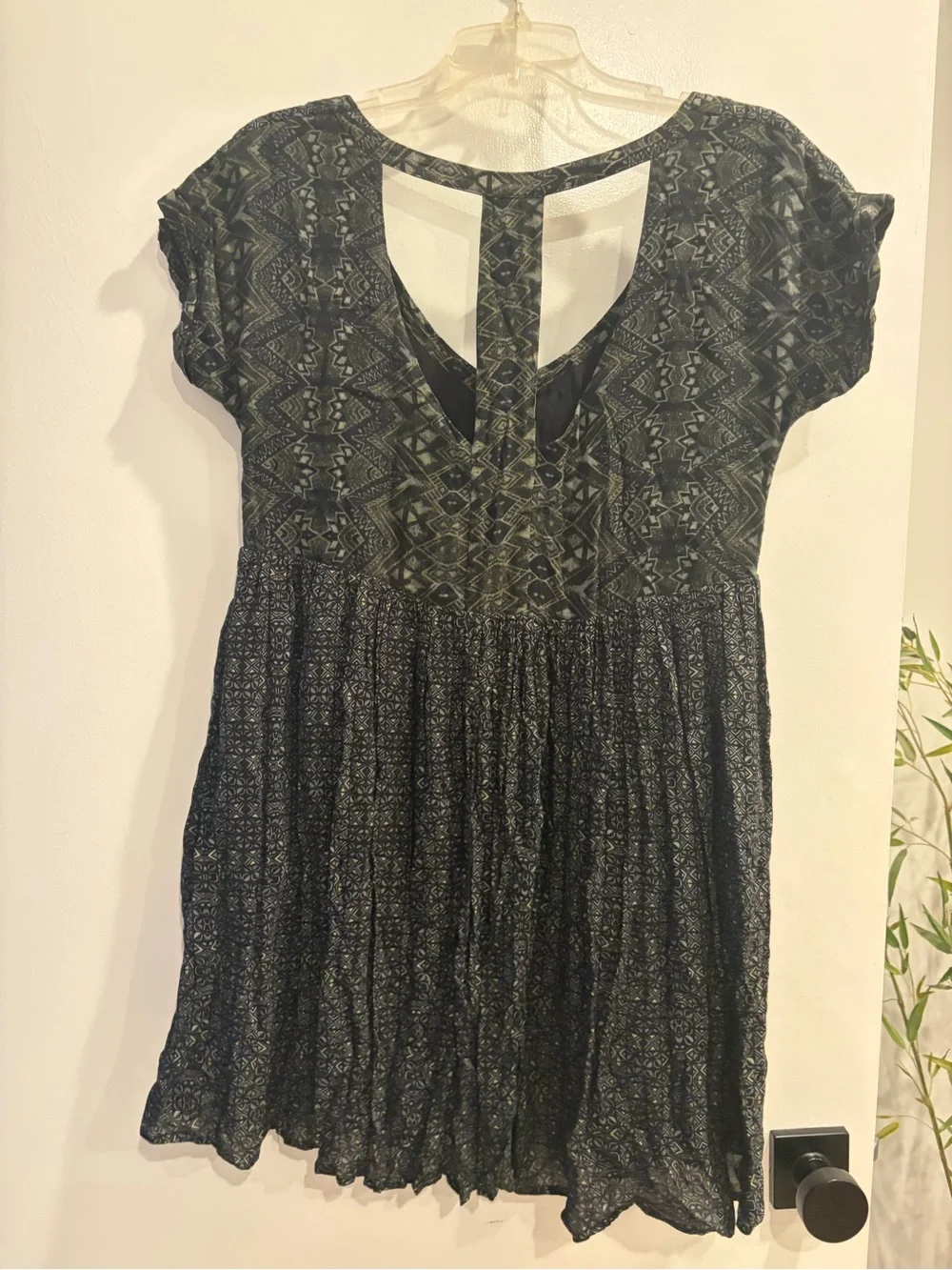 Free People Black Patterned Short-Sleeve Boho Dress